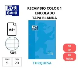 Recambio A4 Oxford Color 1 Turquesa 90g Cuadro 5mm
