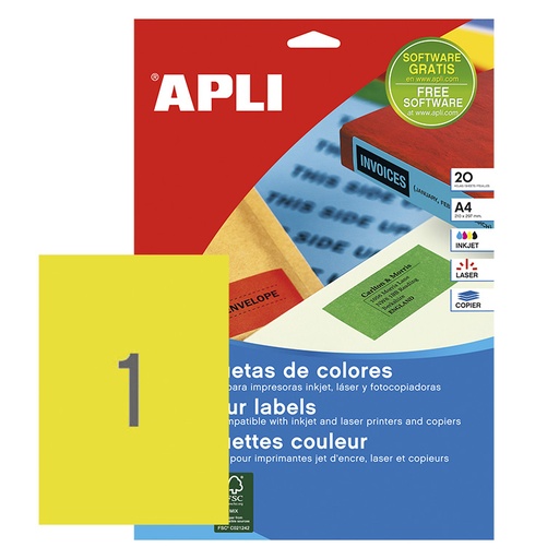 [028437] APLI ETIQUETAS AMARILLAS PERMANENTES 210X297MM 20 HOJAS