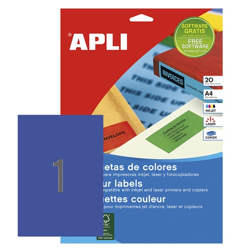 [028438] APLI ETIQUETAS AZULES PERMANENTES 210X297MM 20 HOJAS