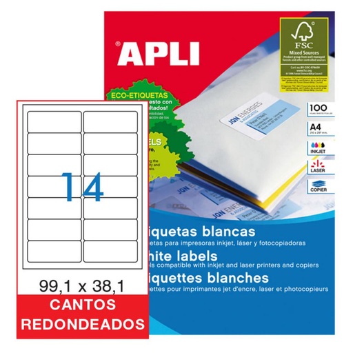 [029811] APLI ETIQUETAS BLANCAS PERMANENTES 99,1X38,1MM 100 HOJAS 