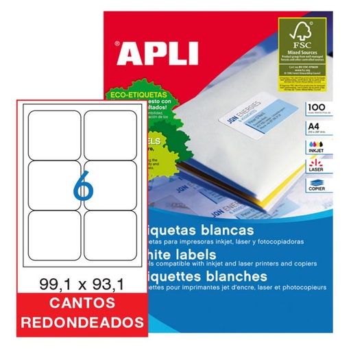 [029217] APLI ETIQUETAS BLANCAS PERMANENTES 99,1X93,1MM 100 HOJAS
