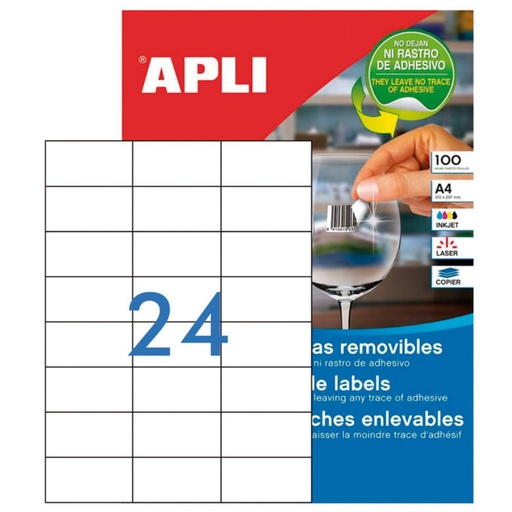 [002073] APLI ETIQUETAS BLANCAS REMOVIBLES 64,6X33,8MM 100 HOJAS