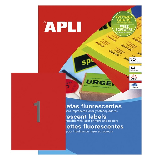 [028441] APLI ETIQUETAS ROJO FLUORESCENTE PERMANENTES 210X297MM 20 HOJAS