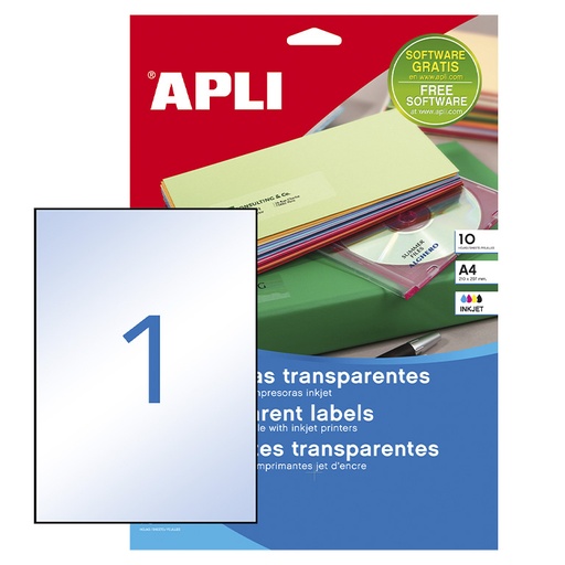 [028443] APLI ETIQUETAS TRANSPARENTES PERMANENTES 210X297MM A4 10 HOJAS