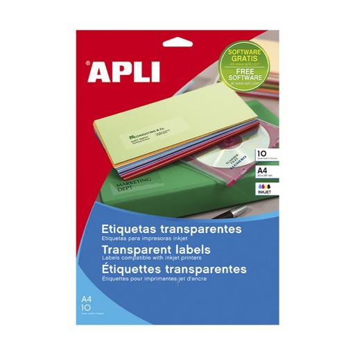 [003448] APLI ETIQUETAS TRANSPARENTES PERMANENTES 63,5X38,1MM 10 HOJAS