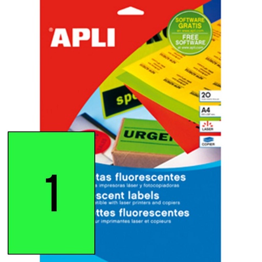 [029279] APLI ETIQUETAS VERDE FLUORESCENTE PERMANENTES 210X297MM 20 ETIQUETAS 