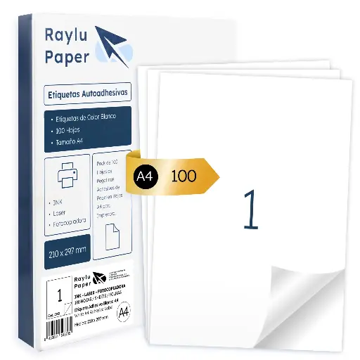 [001543] ETIQUETAS ADHESIVAS A4 RAYLU 1 POR HOJA – 210 x 297 MM) | PACK 100 HOJAS