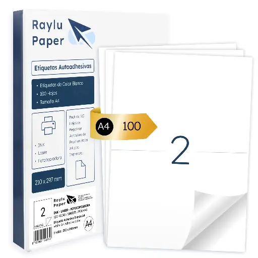 [001542] ETIQUETAS ADHESIVAS A4 RAYLU 2 POR HOJA 210x148 MM) | PACK 100 HOJAS