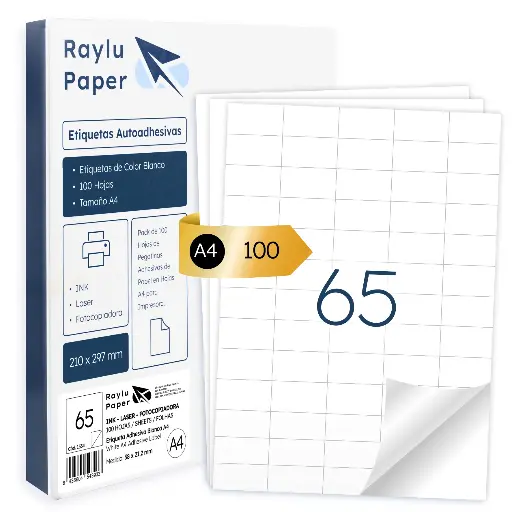 [001534] ETIQUETAS ADHESIVAS A4 RAYLU 38x21,2MM 65 POR HOJA 100 HOJAS