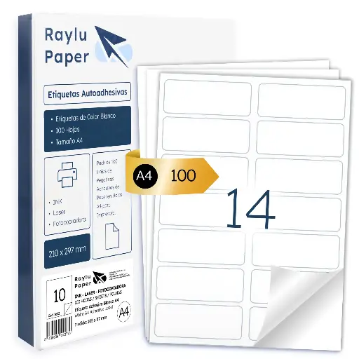 [001637] ETIQUETAS ADHESIVAS A4 RAYLU 99,1x38,1MM 14 POR HOJA 100 HOJAS