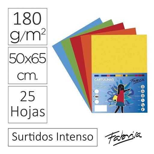 [825345] CARTULINAS DE COLORES VIVOS SURTIDOS DE TAMAÑO 50x65 - PACK 25 HOJAS 180 GR