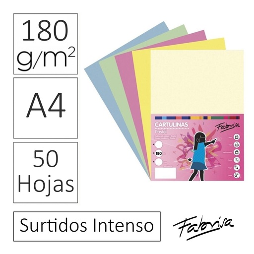 [825349] CARTULINAS DE COLORES PASTEL SURTIDOS DE TAMAÑO A4 - PACK 50 HOJAS 180 GR