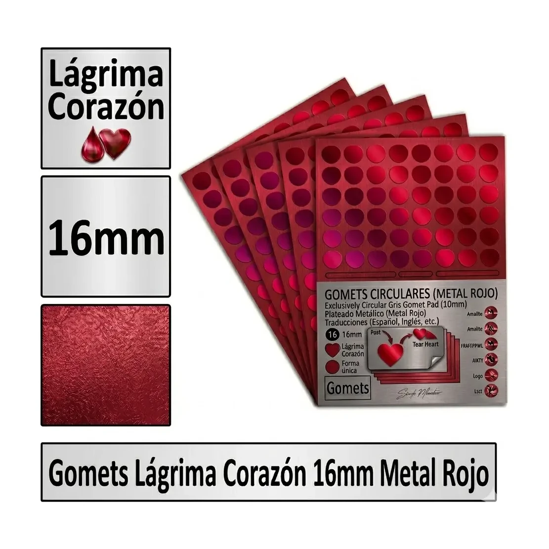 Gomets Corazon Lagrima Ø 16 Mm Metal Rojo
