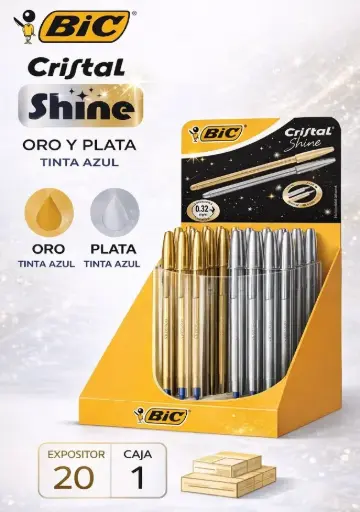 [119098] BOLÍGRAFO BIC CRISTAL ORO Y PLATA · TINTA AZUL EXPOSITOR 20 UDS