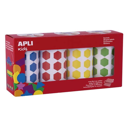 [028447] GOMETS APLI HEXÁGONOS 20 MM – AZUL, ROJO, AMARILLO Y VERDE 4 ROLLOS