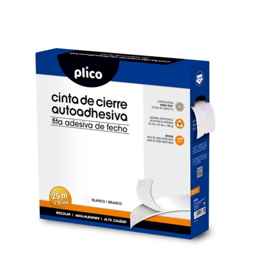 [068876] CIERRE TEXTIL ADHESIVO VELCRO PLICO 20MM×25M BLANCO SET MACHO+HEMBRA