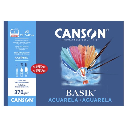 [619905] MINI PACK PAPEL ACUARELA BASIK CANSON DIN A3 370g PACK 6 HOJAS